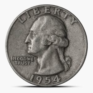Close-up of a 1954 Washington silver quarter with white background, used by Ponte Vedra coin buyers in Florida
