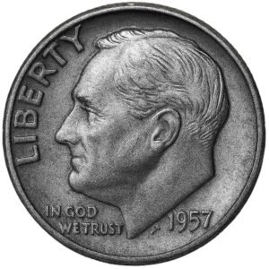 Close-up of a 1957 Roosevelt dime with white background, a pre-1965 90% silver coin traded by Ponte Vedra coin buyers in Florida