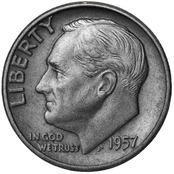 Close-up of a 1957 Roosevelt dime with white background, a pre-1965 90% silver coin traded by Ponte Vedra coin buyers in Florida