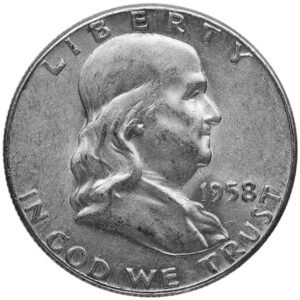 1958 Franklin Half Dollar coin on clean white background, popular with Ponte Vedra coin buyers