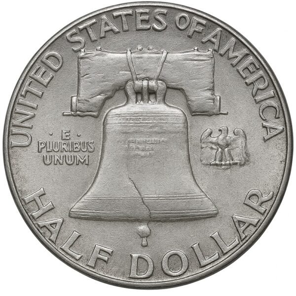Reverse of 1958 Franklin Half Dollar silver coin featuring the Liberty Bell and eagle, used by Ponte Vedra gold buyers