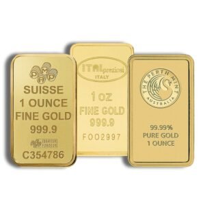Three 1 oz gold bars from PAMP Suisse, Italpreziosi Italy, and Perth Mint Australia for Ponte Vedra gold buyers