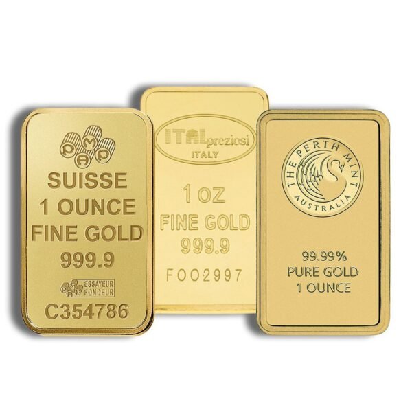 Three 1 oz gold bars from PAMP Suisse, Italpreziosi Italy, and Perth Mint Australia for Ponte Vedra gold buyers