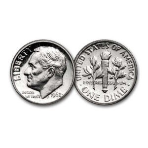 Collage of obverses and reverses - Walking Liberty (1942) and Roosevelt (1964) pre-1965 silver dimes