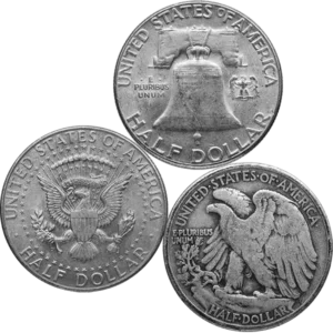 Collage of pre-1965 half dollar reverses - Liberty Bell, Heraldic Eagle, Walking Liberty eagle