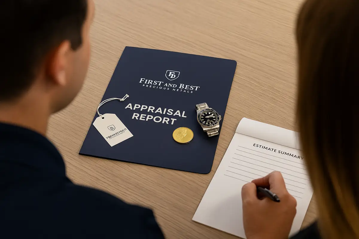 Professional Appraisal Report | Gold Coin & Watch Evaluation – Fruit Cove Gold coin and luxury watch laid beside a First and Best Precious Metals appraisal report and estimate summary pad during a professional evaluation in Nocatee