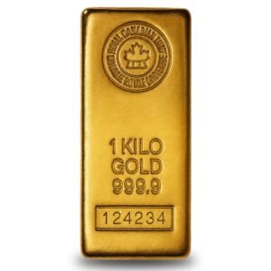 Close-up of a 1 kilo Canadian Gold Bar with 999.9 purity, popular with Ponte Vedra gold buyers