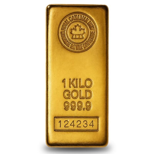 Close-up of a 1 kilo Canadian Gold Bar with 999.9 purity, popular with Ponte Vedra gold buyers