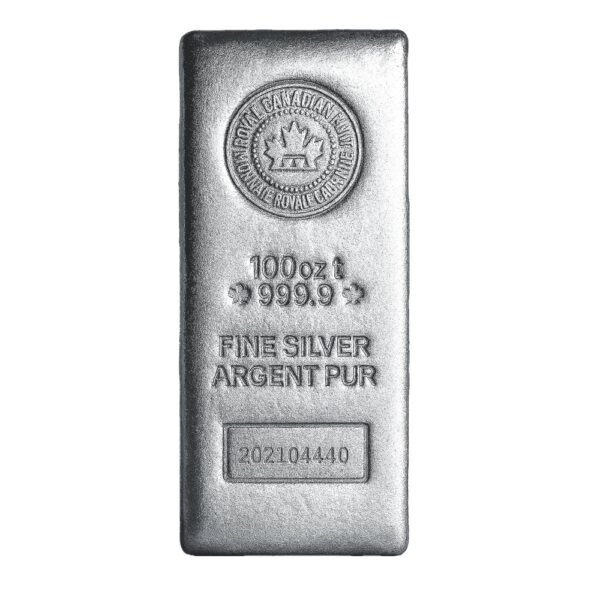 Close-up of a 100 oz Canadian Silver Bar used in Ponte Vedra silver transactions