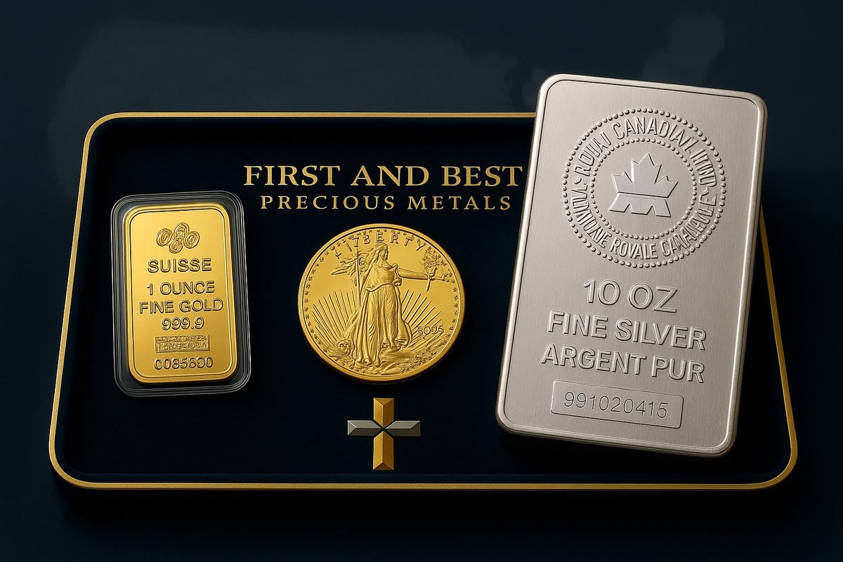 PAMP Suisse gold bar, American Gold Eagle coin, and Royal Canadian Mint silver bar displayed on First and Best Precious Metals tray – trusted nationwide dealer based in Ponte Vedra, Florida