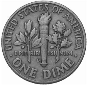 Close-up of a pre-1965 U.S. silver dime with reverse design used in Ponte Vedra coin and silver transactions