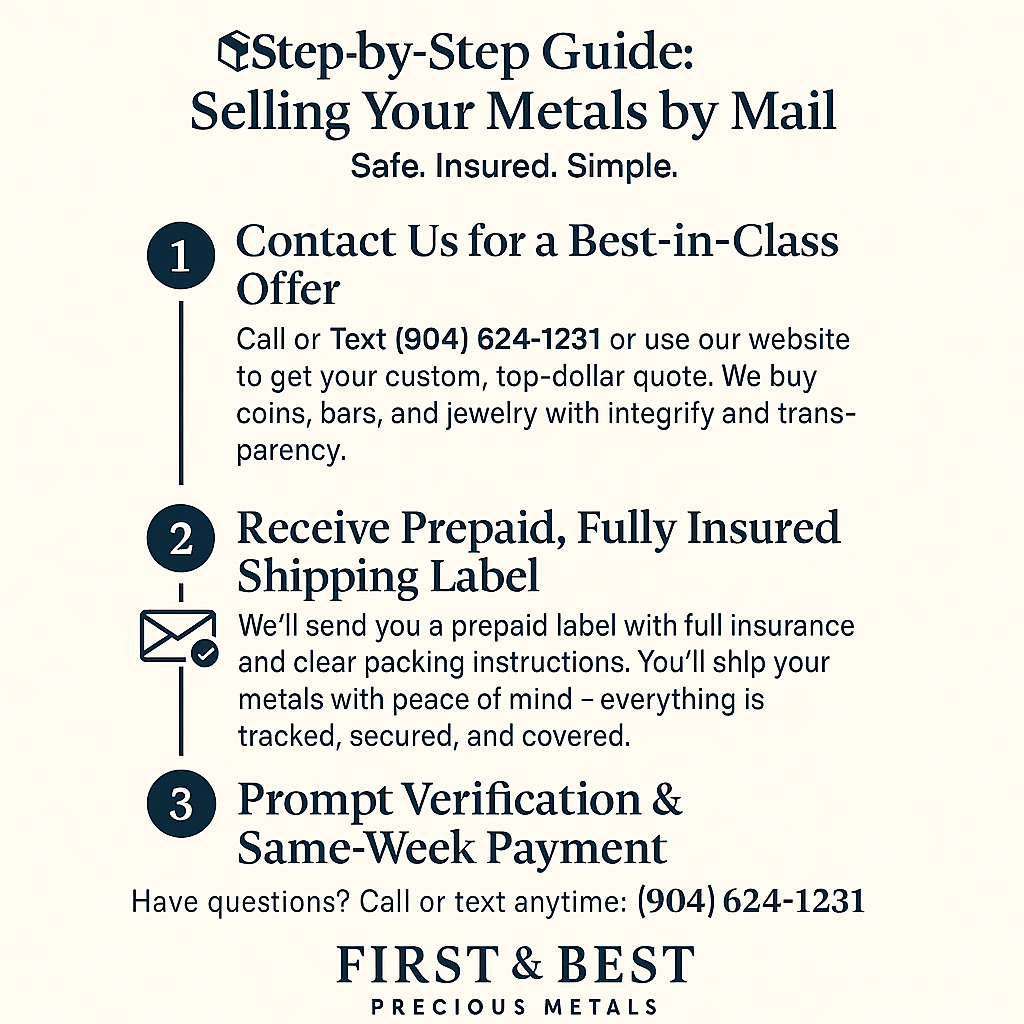 sell-gold-mail-guide-first-and-best.jpg Infographic showing how to sell gold by mail with First and Best Precious Metals — step-by-step process including contact, insured shipping, and fast payment.