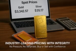 Spot gold and silver prices displayed on laptop screen beside a Valcambi Suisse gold bar – First and Best Precious Metals, Ponte Vedra FL