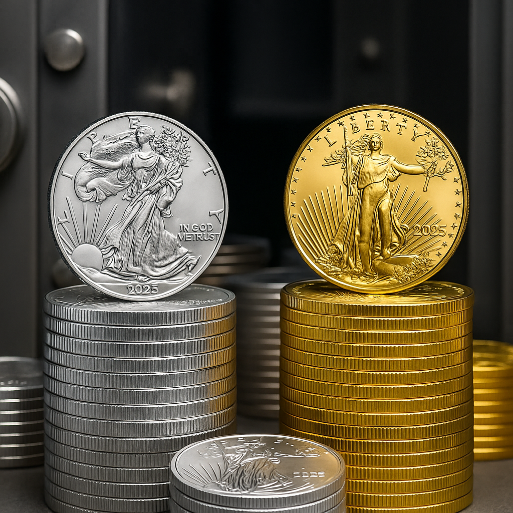 stacks-american-gold-silver-eagle-coins-vault.jpg Stacks of 2025 American Gold and Silver Eagle coins in a secure vault setting, sold by First and Best Precious Metals.
