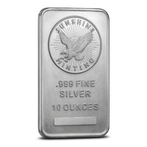 Close-up of a Sunshine Minting 10 oz .999 fine silver bar used in Ponte Vedra precious metals transactions