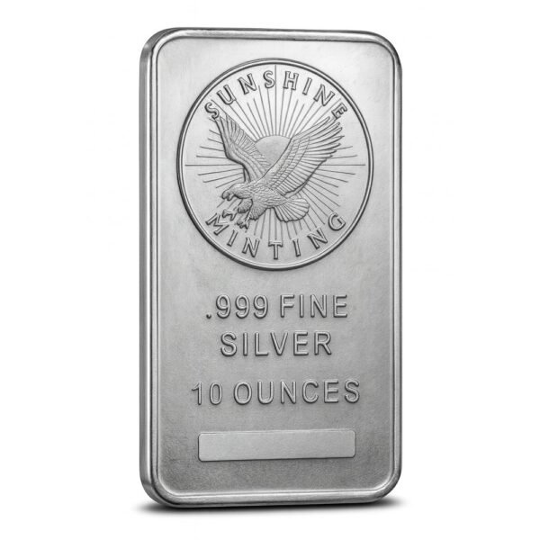 Close-up of a Sunshine Minting 10 oz .999 fine silver bar used in Ponte Vedra precious metals transactions