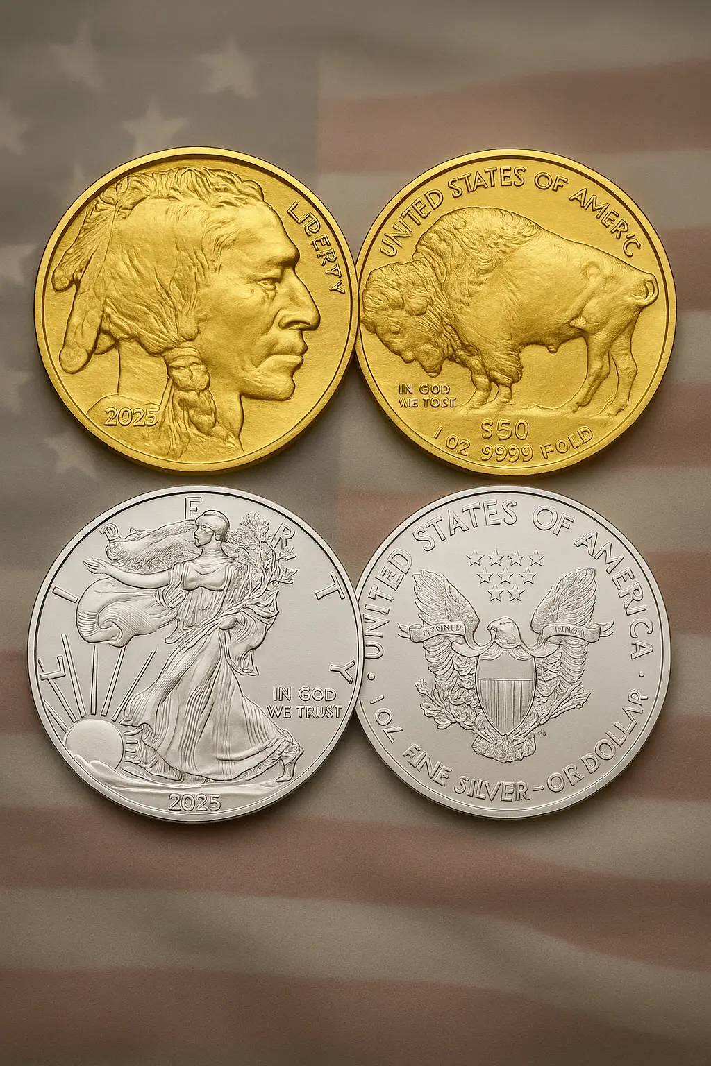 us-gold-silver-coins-2025-ponte-vedra-florida.webp 2025 American Gold Buffalo and Silver Eagle coins displayed on a faded U.S. flag background in Ponte Vedra, Florida