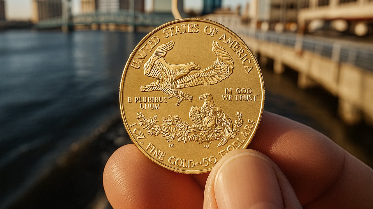 Valcambi gold bars and American Gold Eagle coin beneath blog headline about selling gold in Florida