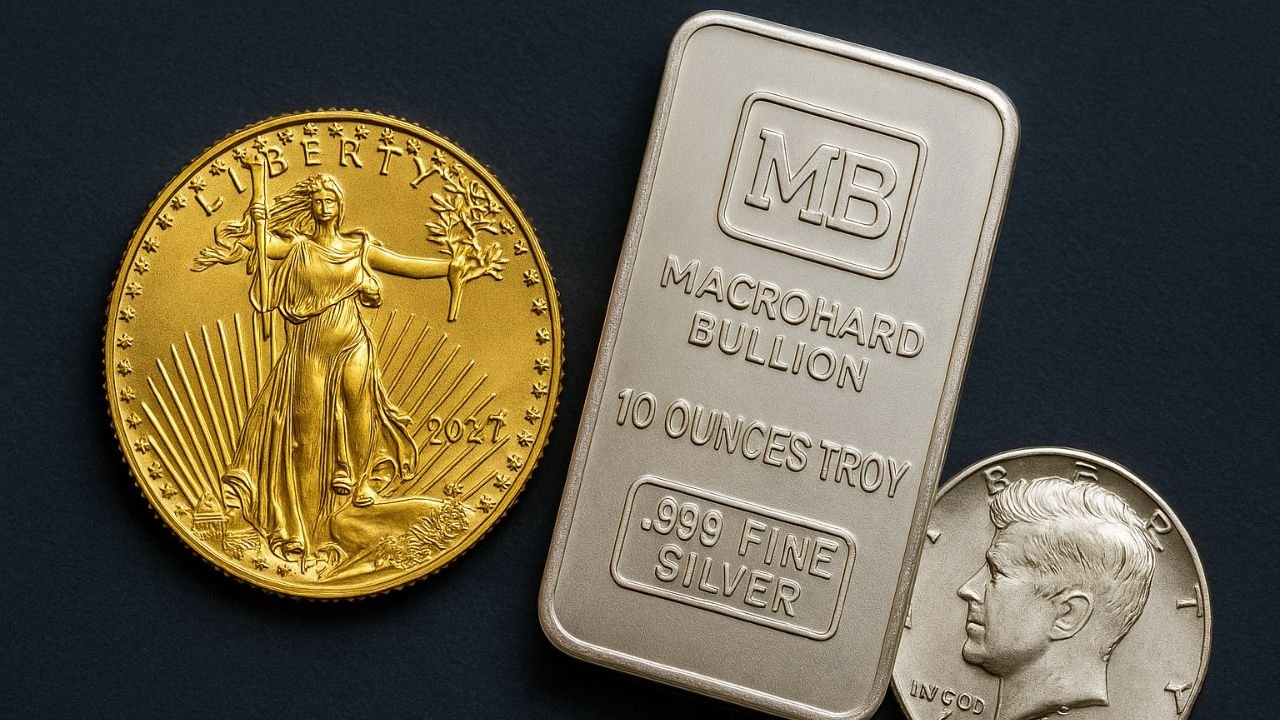 Valcambi gold bars and American Gold Eagle coin beneath blog headline about selling gold in Florida